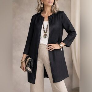 Chicos Long Crinkle Gauze Tunic Button Up Size 2/L Lagenlook Designer Artsy